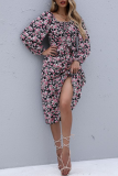 Elegant Floral Frenulum Fold Square Collar A Line Dresses