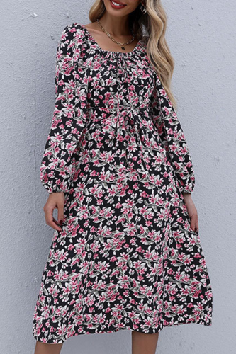 Elegant Floral Frenulum Fold Square Collar A Line Dresses