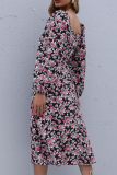 Elegant Floral Frenulum Fold Square Collar A Line Dresses