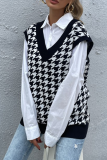 Casual Plaid Split Joint  Contrast V Neck Tops