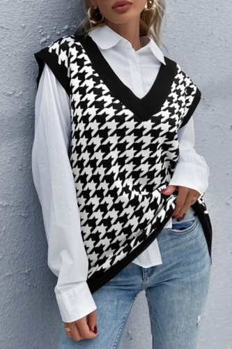 Casual Plaid Split Joint  Contrast V Neck Tops