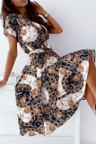 Elegant Print Buckle With Belt V Neck A Line Dresses