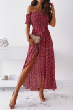 Elegant Floral Slit Fold Off the Shoulder Waist Skirt Dresses