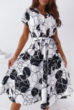 Elegant Print Buckle With Belt V Neck A Line Dresses