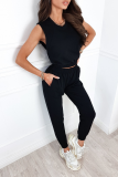 Casual Solid Split Joint Pocket O Neck Sleeveless Two Pieces