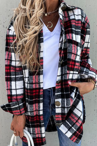 Casual Vintage Plaid Split Joint Buckle Turndown Collar Outerwear