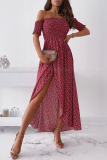 Elegant Floral Slit Fold Off the Shoulder Waist Skirt Dresses