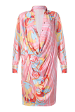 Casual Print Leopard Buttons Fold Turndown Collar A Line Dresses