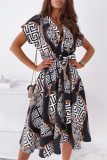Elegant Print Buckle With Belt V Neck A Line Dresses