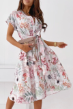 Elegant Print Buckle With Belt V Neck A Line Dresses