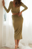 Fashion Street Solid Split Joint U Neck Long Sleeve Two Pieces