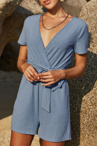Casual Solid With Belt V Neck Straight Rompers