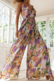 Sweet Elegant Floral Frenulum Flounce V Neck Jumpsuits