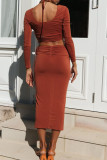 Fashion Street Solid Split Joint U Neck Long Sleeve Two Pieces
