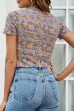 Sweet Floral Draw String Frenulum V Neck Tops