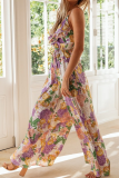 Sweet Elegant Floral Frenulum Flounce V Neck Jumpsuits