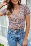 Sweet Floral Draw String Frenulum V Neck Tops