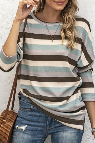 Fashion Casual Striped Split Joint O Neck Tops