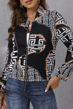 Elegant Print Split Joint Zipper O Neck Outerwear