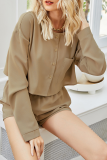Casual Solid Pocket Buckle O Neck Long Sleeve Two Pieces