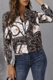 Elegant Print Split Joint Zipper O Neck Outerwear