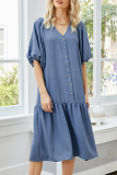 Casual Solid Split Joint Buckle V Neck A Line Dresses