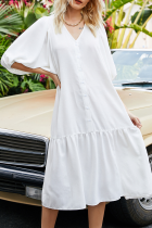 Casual Solid Split Joint Buckle V Neck A Line Dresses