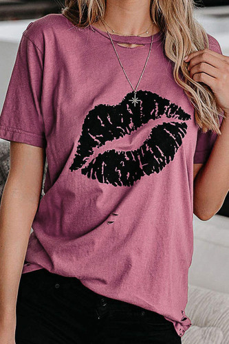 Fashion Sweet Print Split Joint O Neck T-Shirts