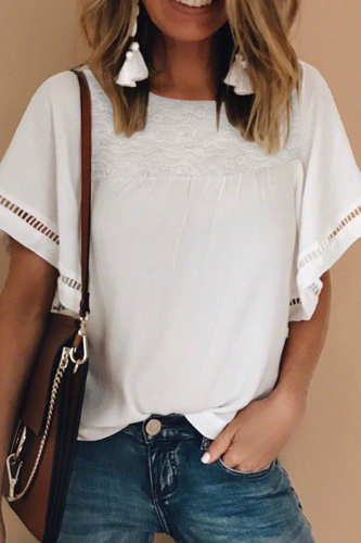 Casual Solid Lace Split Joint O Neck T-Shirts