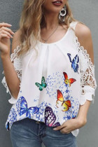 Fashion Casual Print Split Joint O Neck Tops