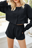 Casual Solid Pocket Buckle O Neck Long Sleeve Two Pieces