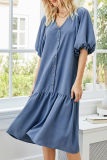 Casual Solid Split Joint Buckle V Neck A Line Dresses
