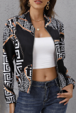 Elegant Print Split Joint Zipper O Neck Outerwear