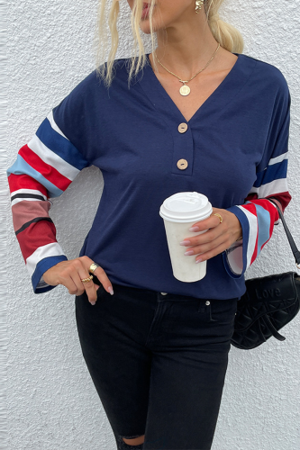 Casual Striped Split Joint Buttons V Neck Tops