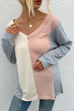 Casual Patchwork  Contrast V Neck Tops