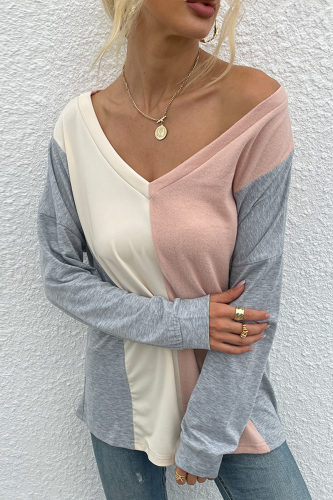 Casual Patchwork  Contrast V Neck Tops