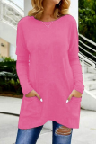 Casual Solid Split Joint Pocket O Neck Tops
