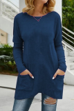 Casual Solid Split Joint Pocket O Neck Tops