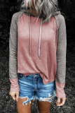 Casual Patchwork Draw String  Contrast Hooded Collar Tops