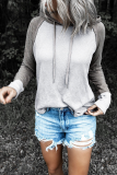 Casual Patchwork Draw String  Contrast Hooded Collar Tops