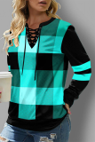 Casual Plaid Split Joint Cross Straps O Neck Tops