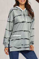 Casual Striped Draw String Pocket Hooded Collar Tops