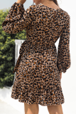 Elegant Leopard Frenulum Flounce O Neck A Line Dresses