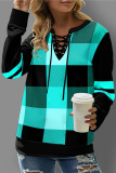 Casual Plaid Split Joint Cross Straps O Neck Tops