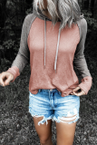 Casual Patchwork Draw String  Contrast Hooded Collar Tops