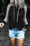Casual Patchwork Draw String  Contrast Hooded Collar Tops
