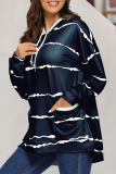 Casual Striped Draw String Pocket Hooded Collar Tops