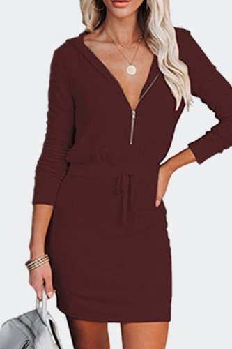 Elegant Solid Draw String Zipper Hooded Collar Dresses