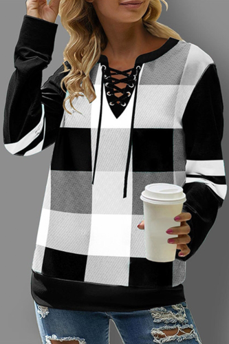 Casual Plaid Split Joint Cross Straps O Neck Tops