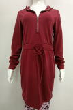 Elegant Solid Draw String Zipper Hooded Collar Dresses
